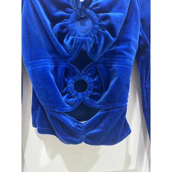 TORN BY RONNY KOBO Petra Long Sleeve Cut Out Electric Blue Velvet Crop Top Sz M - Picture 6 of 7